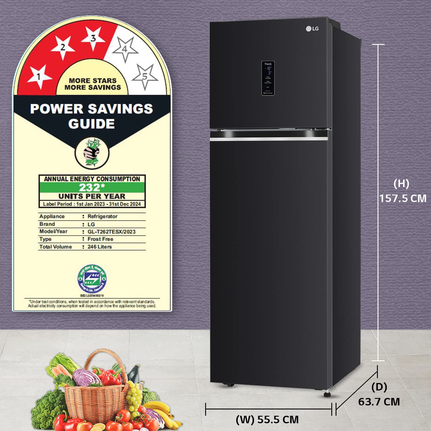 LG 246 L 3 Star Smart Inverter Wi-Fi Frost-Free Double Door Refrigerator (GL-T262TESX, Ebony Sheen, Door Cooling+ & Convertible, Gross Volume -263L) - Image 14